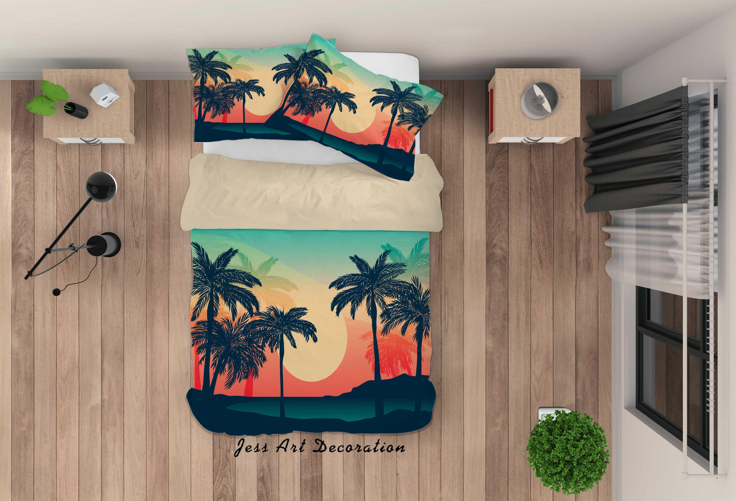 3D Cartoon Coconut Tree Sunset Quilt Cover Set Bedding Set Duvet Cover Pillowcases A056 LQH