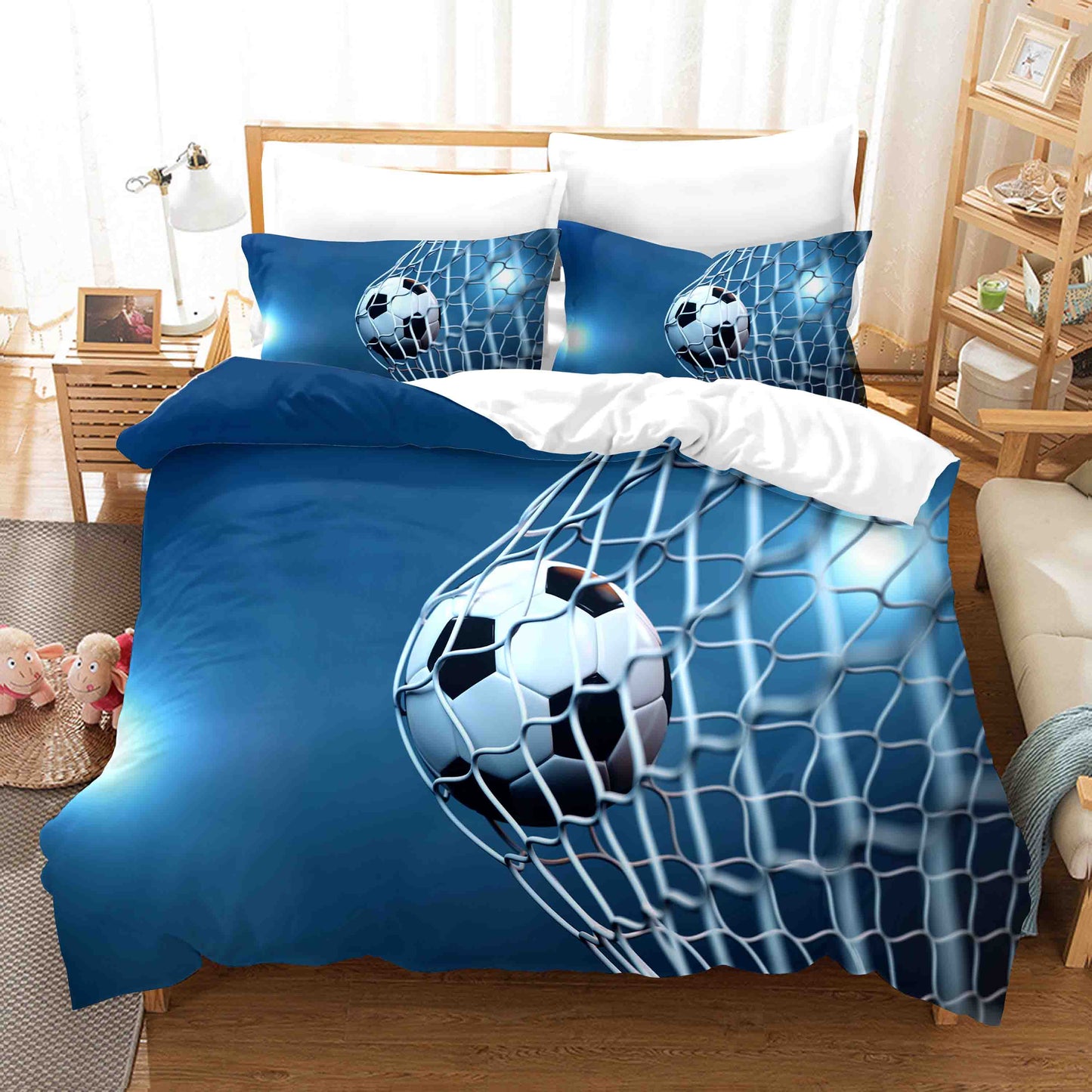 3D Blue Football Soccer Goal Quilt Cover Set Bedding Set Duvet Cover Pillowcases SF20