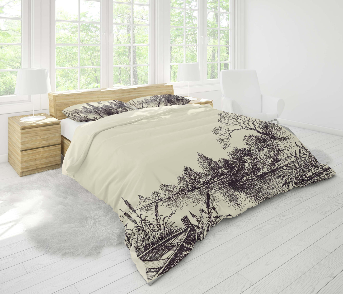 3D Black Sketch River Tree Quilt Cover Set Bedding Set Pillowcases 60