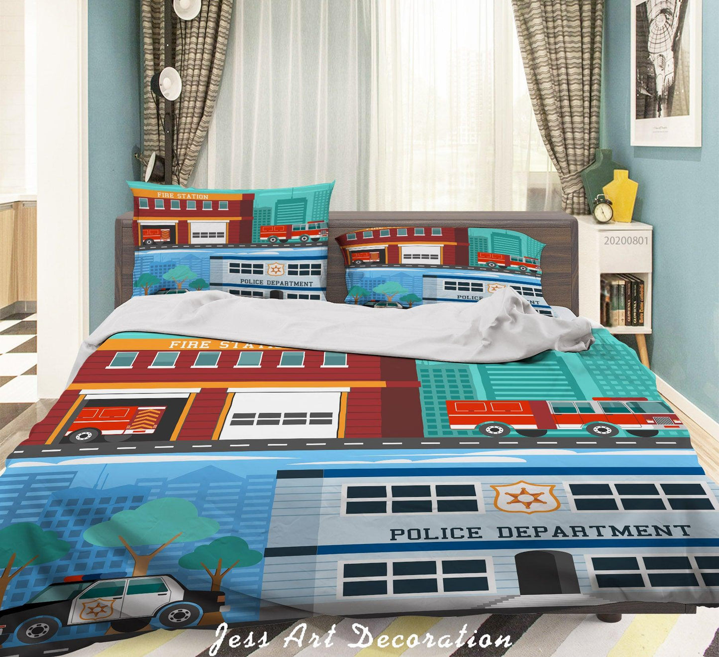 3D Cartoon Firetruck Police Department Quilt Cover Set Bedding Set Duvet Cover Pillowcases LXL 223