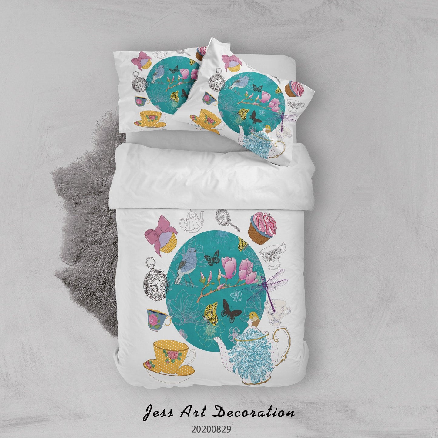 3D Abstract Hand Draw Cartoon Teapot Teacup Butterfly Pattern Quilt Cover Set Bedding Set Duvet Cover Pillowcases WJ 3581