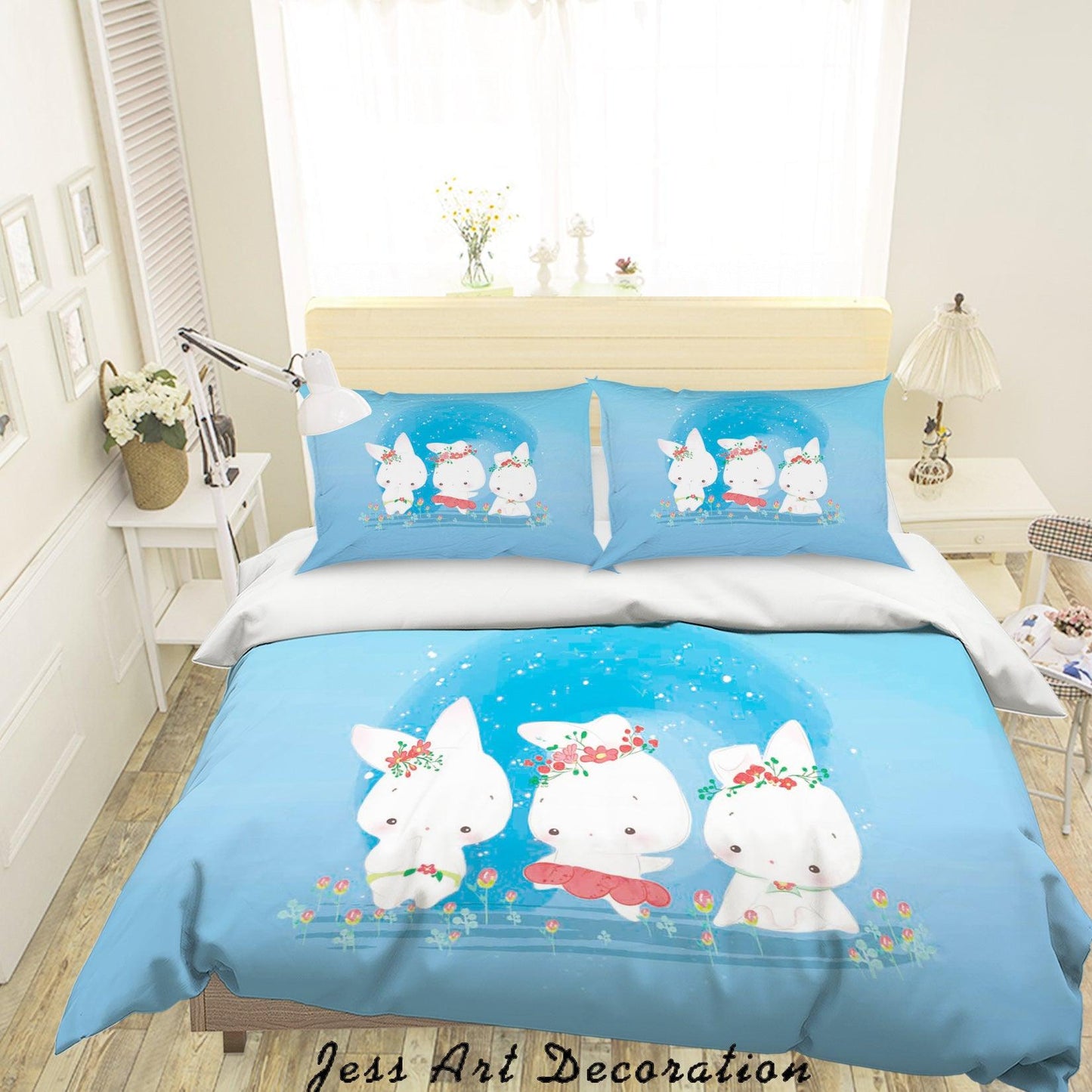 3D Blue Rabbit Floral Quilt Cover Set Bedding Set Duvet Cover Pillowcases SF94