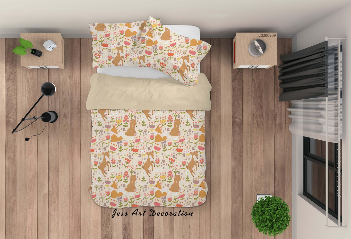 3D Cartoon Animal Bear Fox Deer Flowers Pattern Quilt Cover Set Bedding Set Duvet Cover Pillowcases WJ 6026