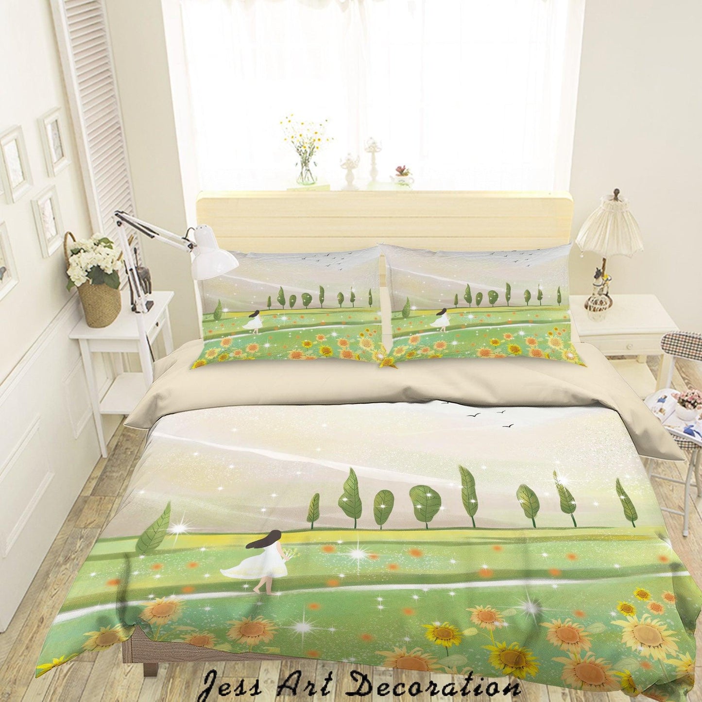 3D Cartoon Girl Lawn Sunflower Quilt Cover Set Bedding Set Duvet Cover Pillowcases A555 LQH