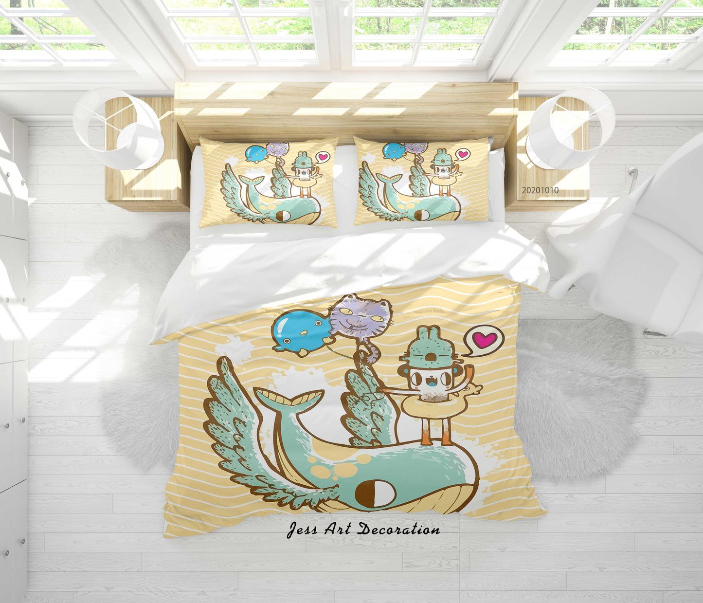 3D Cartoon Cute Animal Flying Whale Quilt Cover Set Bedding Set Duvet Cover Pillowcases WJ 9577