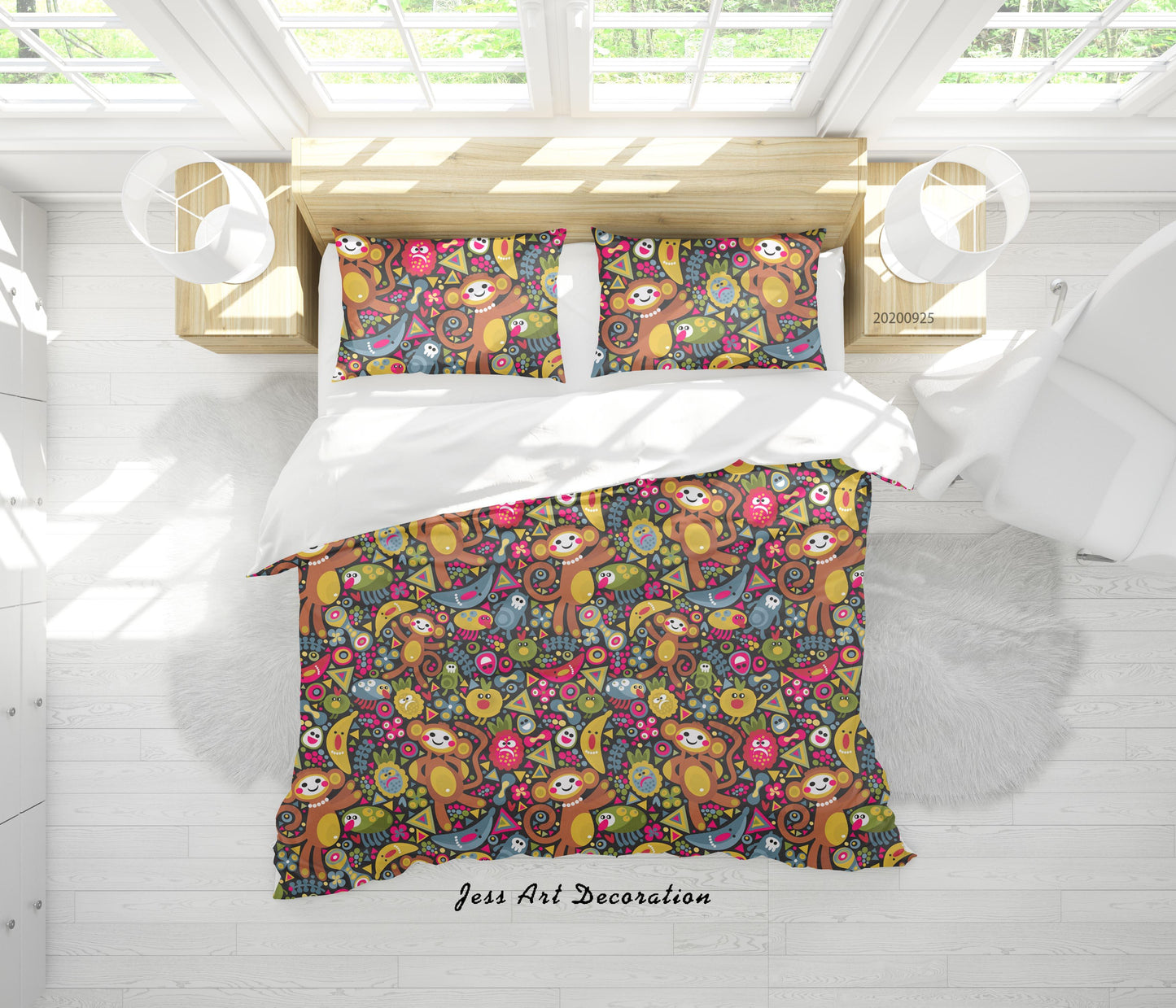 3D Cartoon Animal Monkey Banana Pattern Quilt Cover Set Bedding Set Duvet Cover Pillowcases WJ 6510
