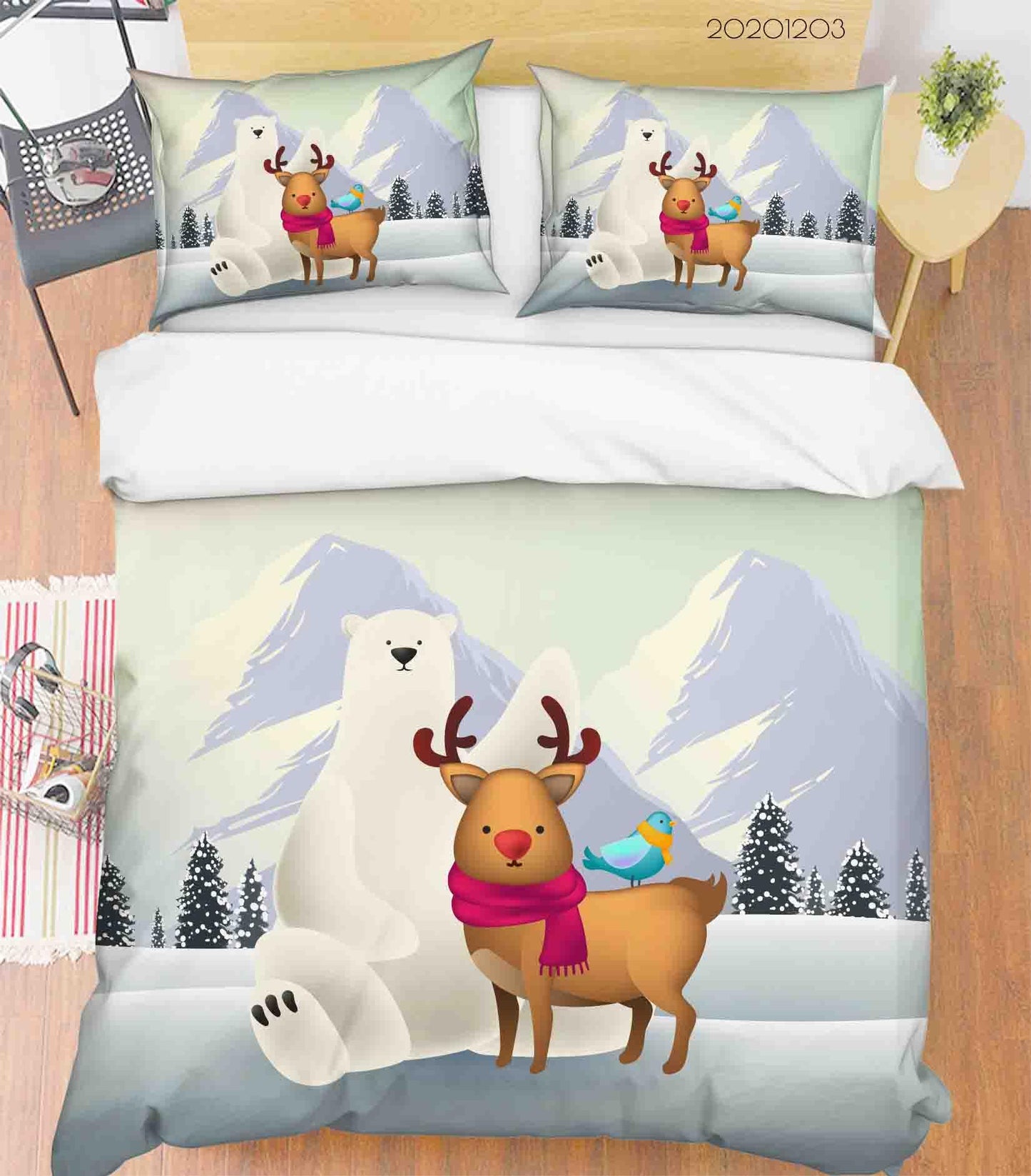 3D Cartoon Ice Mountain Fir Plant Polar Bear Reindeer Animal Quilt Cover Set Bedding Set Duvet Cover Pillowcases LXL