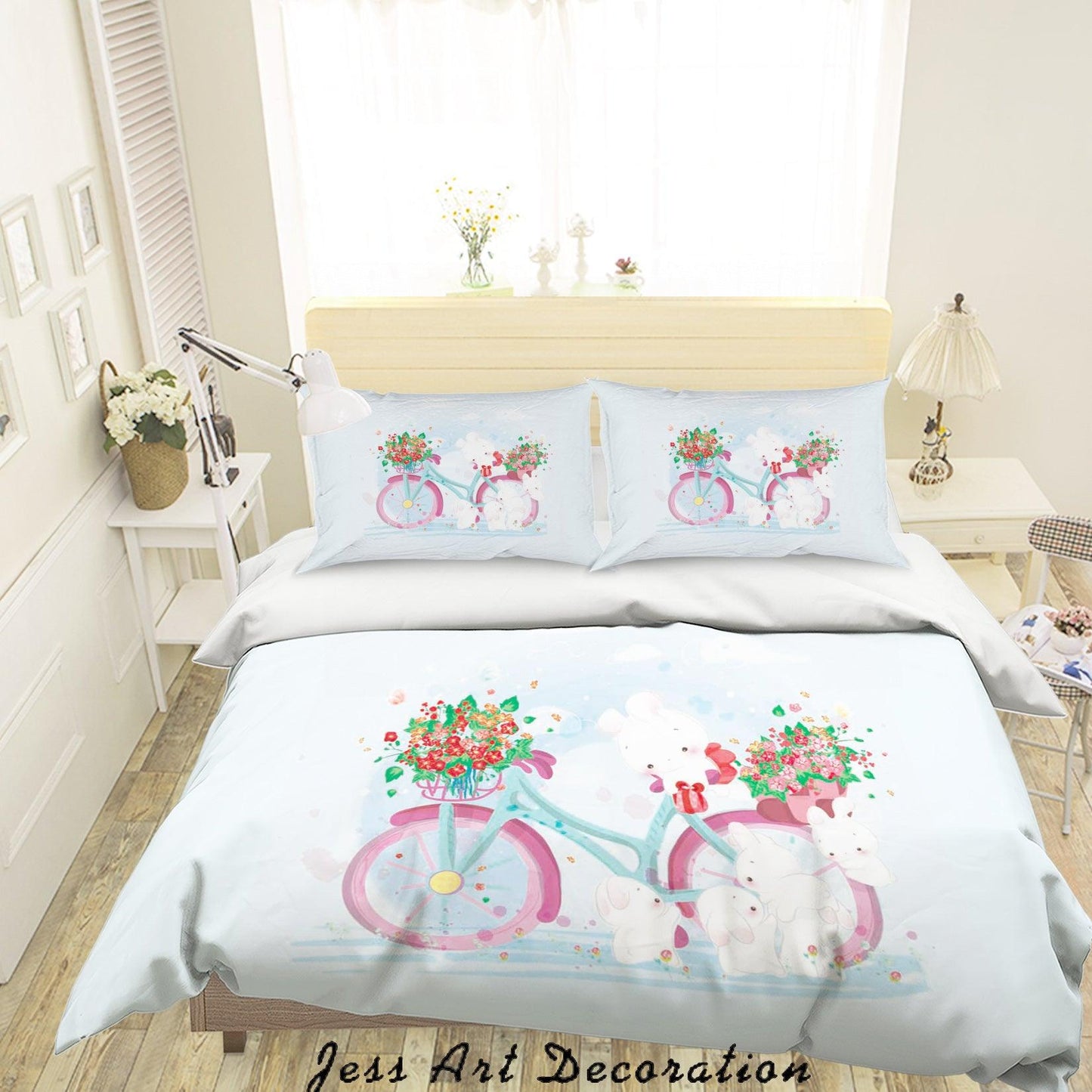 3D Blue Rabbit Floral Bicycle Quilt Cover Set Bedding Set Duvet Cover Pillowcases SF99