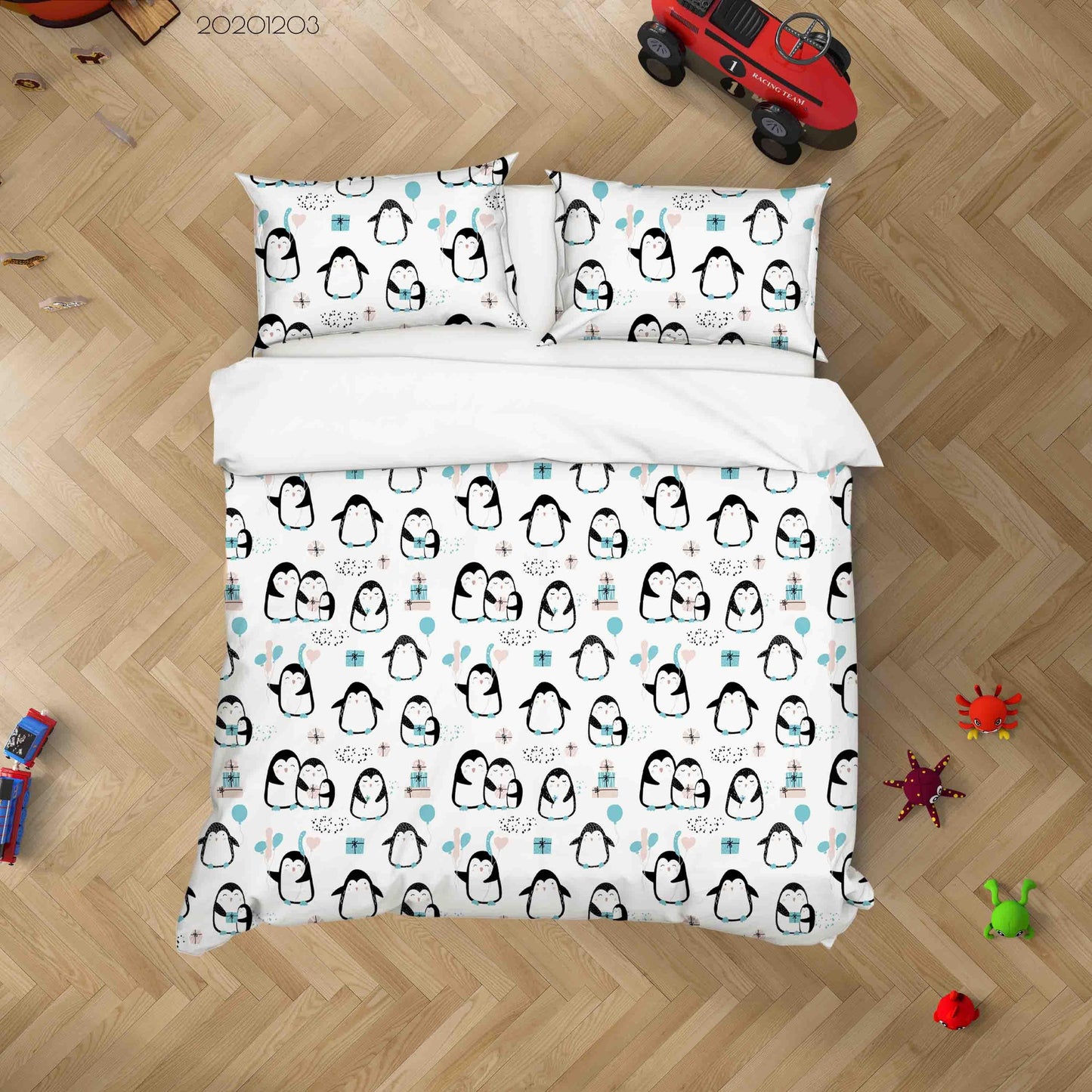 3D Cartoon Hand Drawn Penguin Animal Blue Balloon Quilt Cover Set Bedding Set Duvet Cover Pillowcases LXL