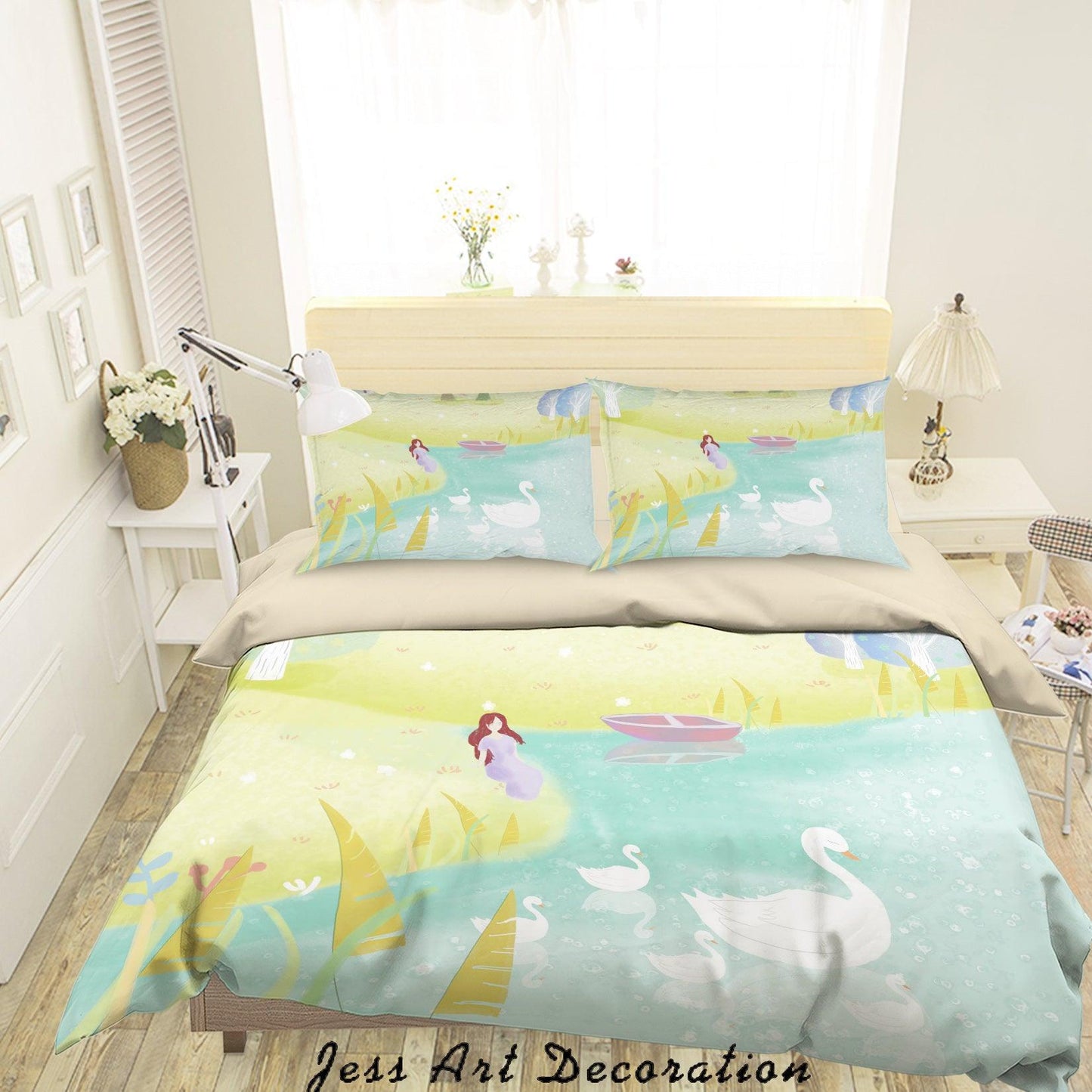 3D Cartoon Lake Goose Girl Quilt Cover Set Bedding Set Duvet Cover Pillowcases A606 LQH