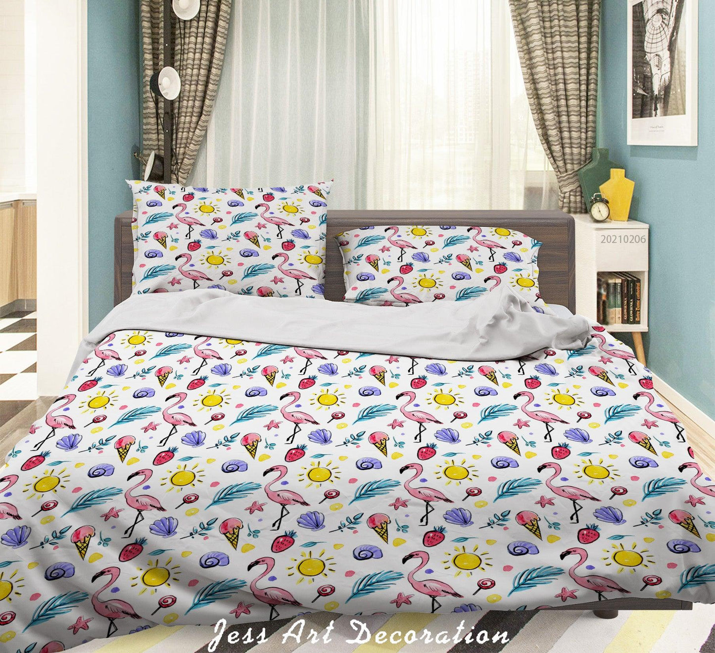 3D Cartoon Flamingo Strawberry Sun Quilt Cover Set Bedding Set Duvet Cover Pillowcases 175