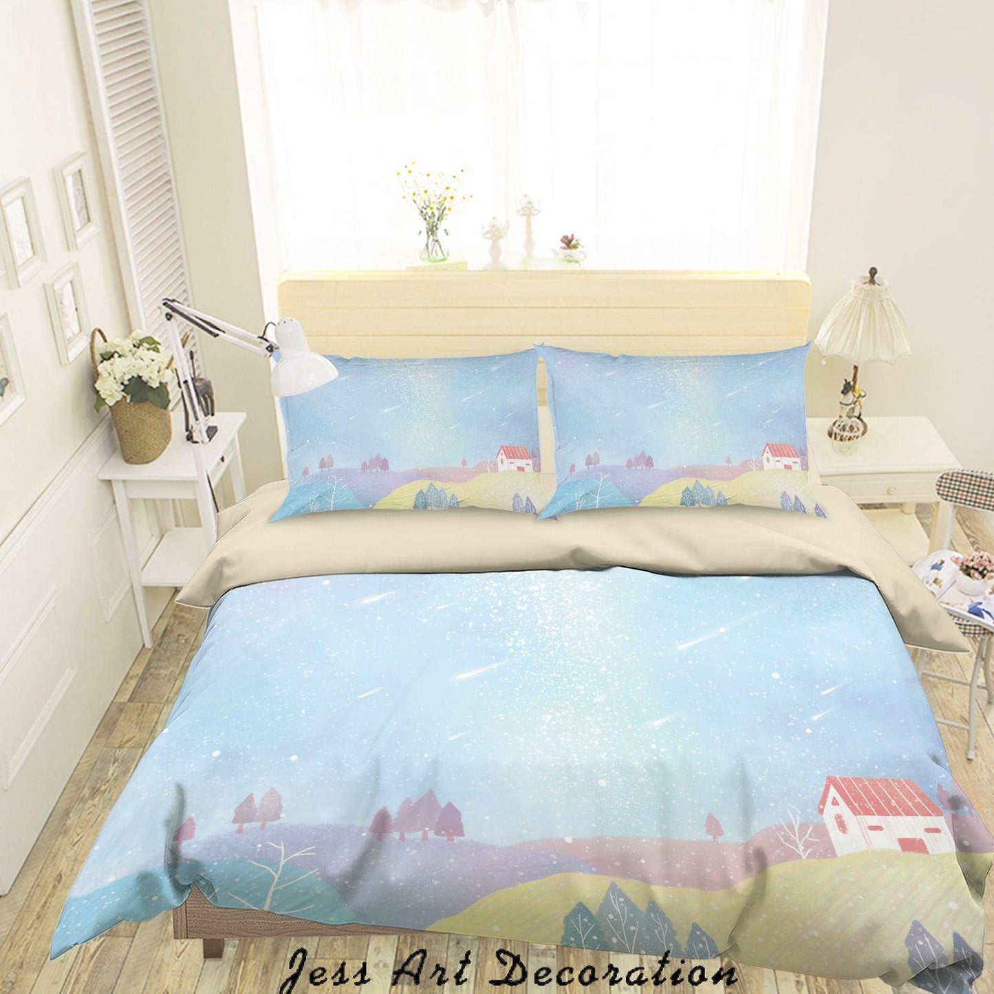 3D Blue Sky Meteor Shower House Quilt Cover Set Bedding Set Duvet Cover Pillowcases A566 LQH