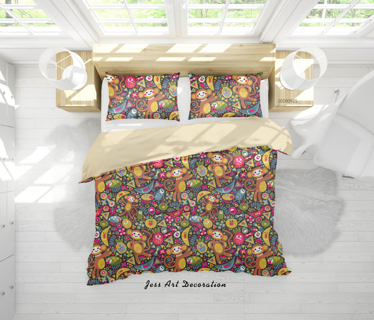 3D Cartoon Animal Monkey Banana Pattern Quilt Cover Set Bedding Set Duvet Cover Pillowcases WJ 6493