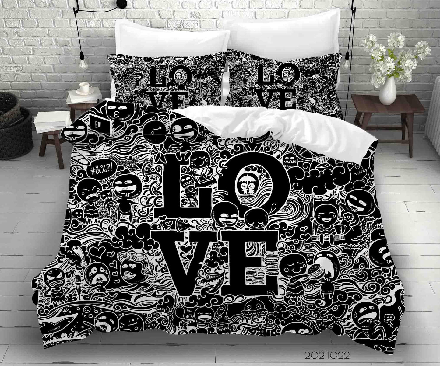 3D Black Love Doodle Quilt Cover Set Bedding Set Duvet Cover Pillowcases 95