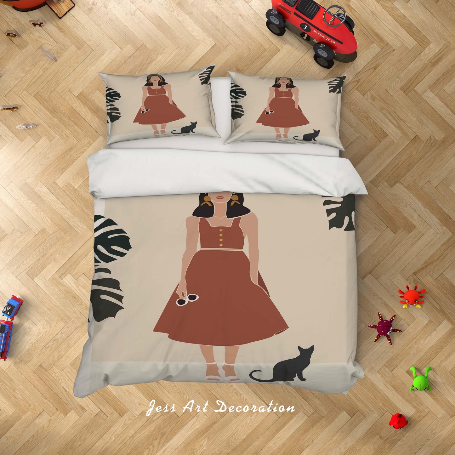 3D Beaauty Female Leaves Cat Quilt Cover Set Bedding Set Duvet Cover Pillowcases SF08