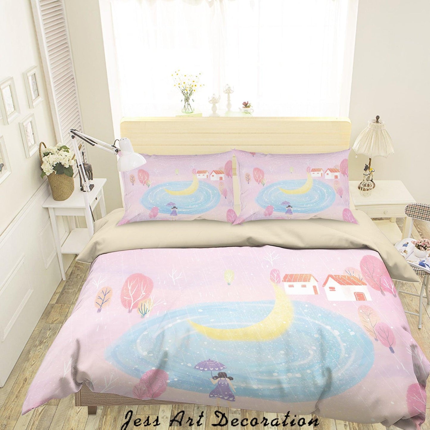3D Cartoon Pond Rain Girl House Quilt Cover Set Bedding Set Duvet Cover Pillowcases A580 LQH