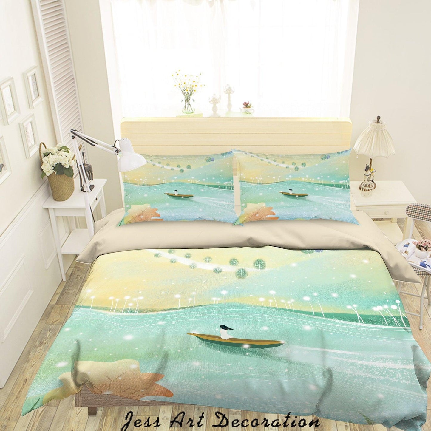 3D Cartoon Girl Lake Boat Quilt Cover Set Bedding Set Duvet Cover Pillowcases A557 LQH