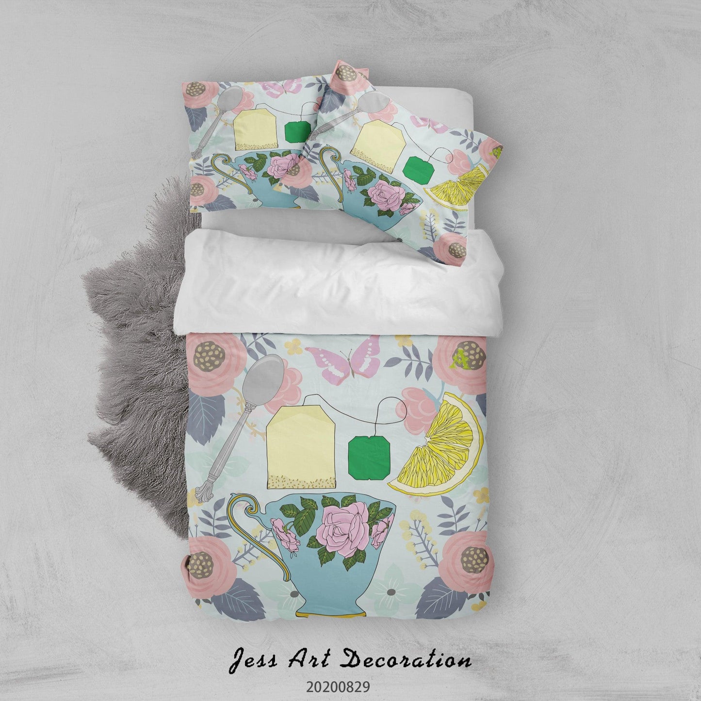 3D Abstract Hand Draw Cartoon Teacup Lemon Floral Pattern Quilt Cover Set Bedding Set Duvet Cover Pillowcases WJ 3592