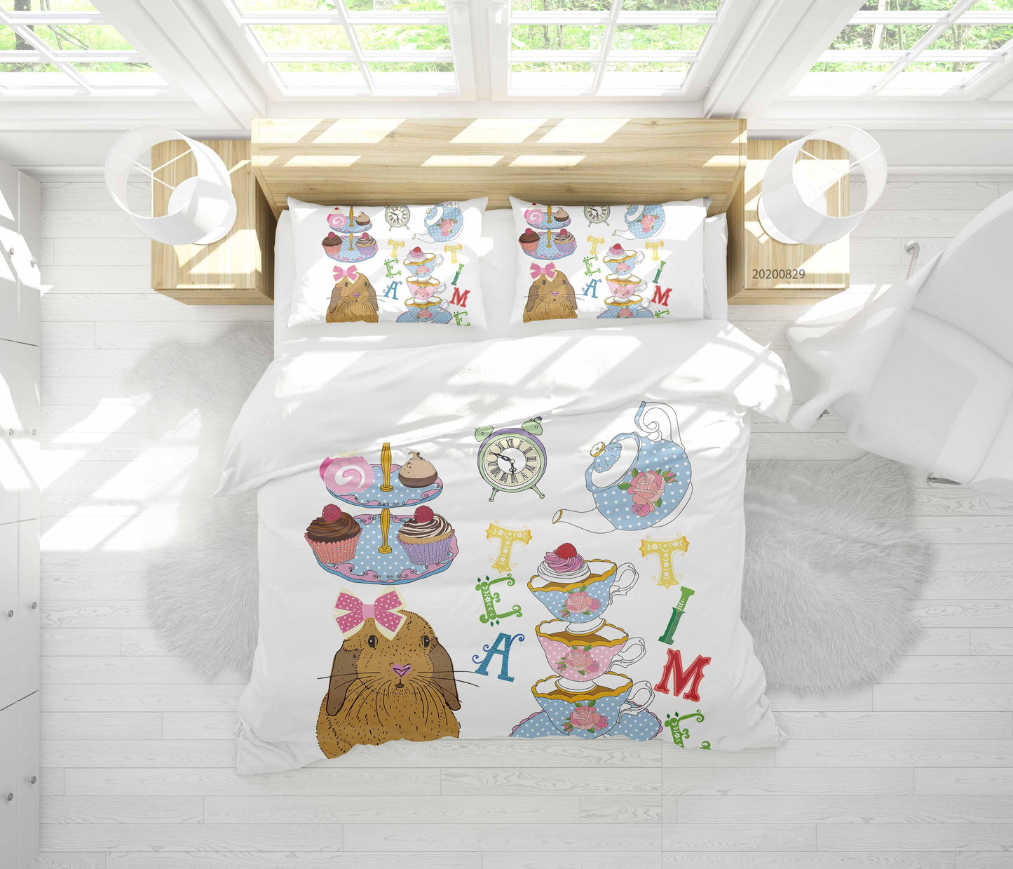 3D Abstract Hand Draw Cartoon Rabbit Teacup Dessert Pattern Quilt Cover Set Bedding Set Duvet Cover Pillowcases WJ 3564