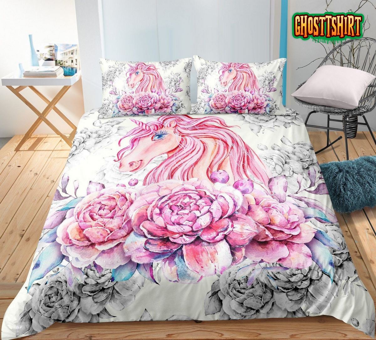 3D Beautiful Unicorn With Flowers Bed Sheets Duvet Cover Bedding Set