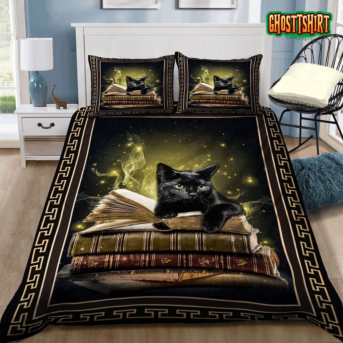 3D Black Cat On The Book Bed Sheets Duvet Cover Bedding Set