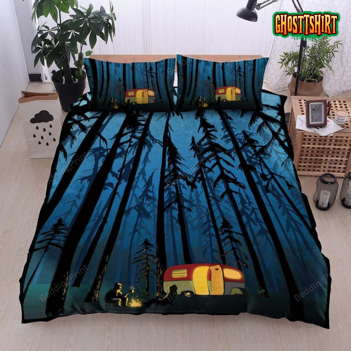 3D Camping Car In The Forest At Night Bed Sheets Duvet Cover Bedding Set