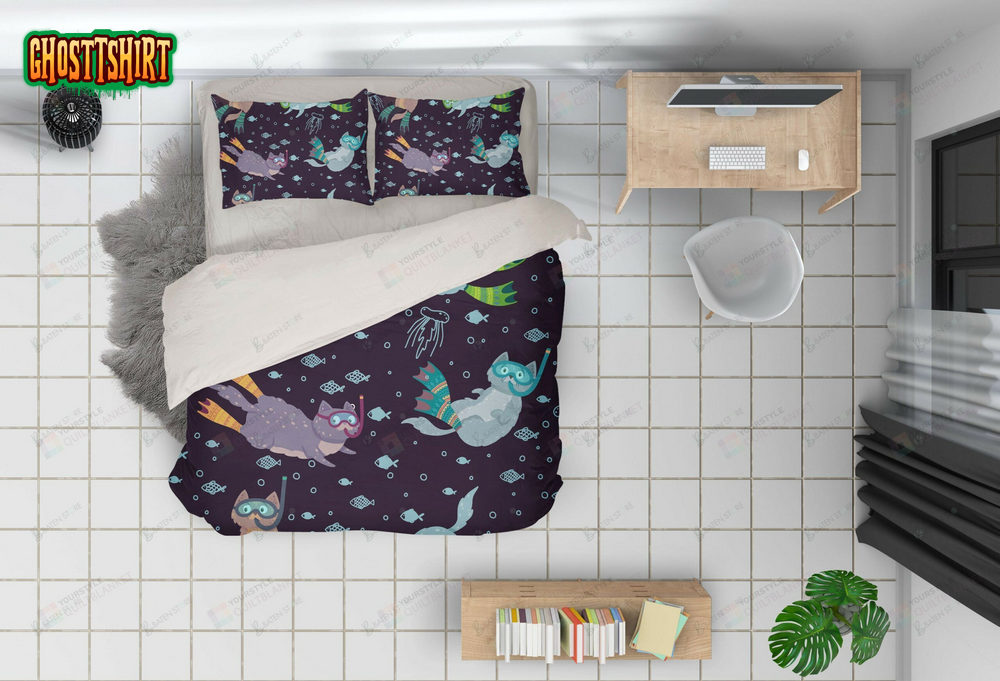 3D Cartoon Diving Cat Fish Bed Sheets Duvet Cover Bedding Set