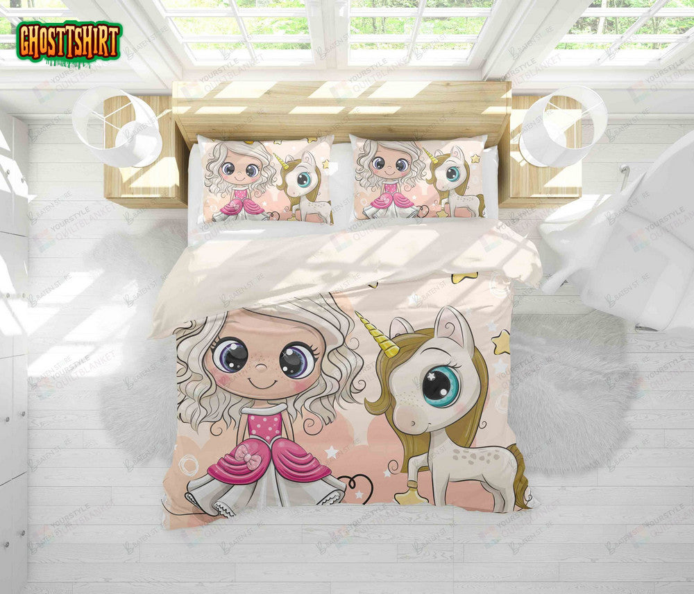 3D Cartoon Girl Unicorn Bed Sheets Duvet Cover Bedding Set