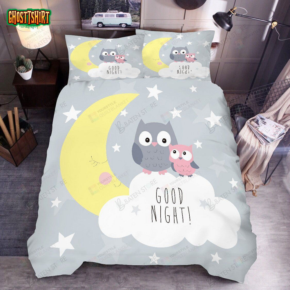 3D Cartoon Moon Star Owl Good Night Bed Sheets Spread Duvet Cover Bedding Set