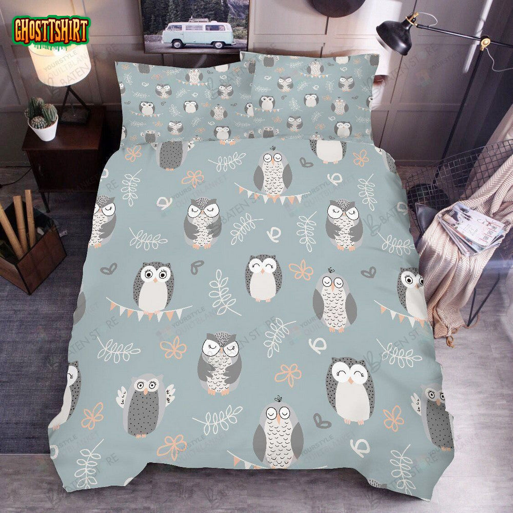 3D Cartoon Owl Floral Leaves Bed Sheets Spread Duvet Cover Bedding Set