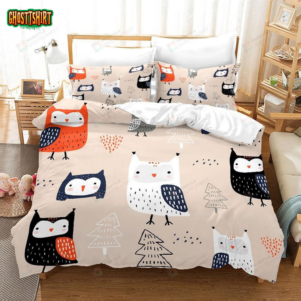 3D Cartoon Owl Pine Bed Sheets Duvet Cover Bedding Set