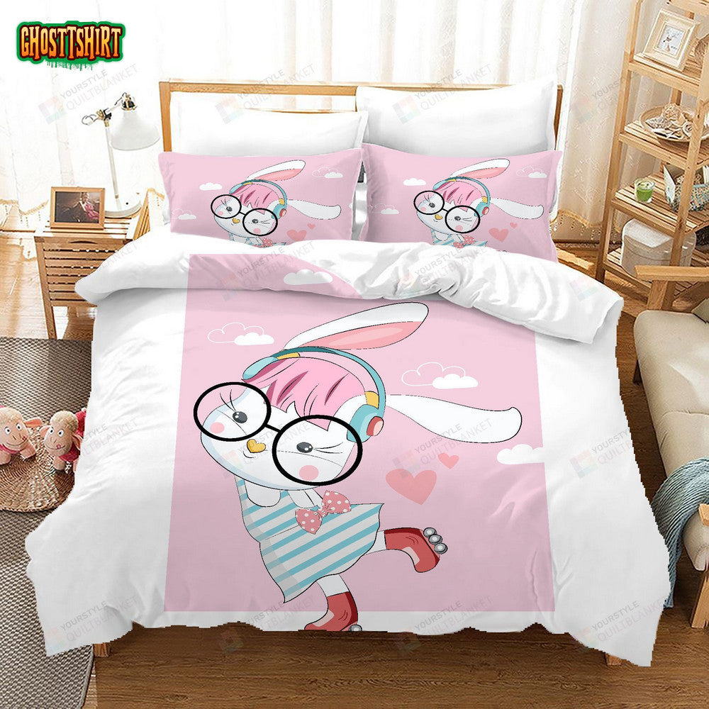 3D Cartoon Rabbit Pink Quilt Cover Set Bedding Set