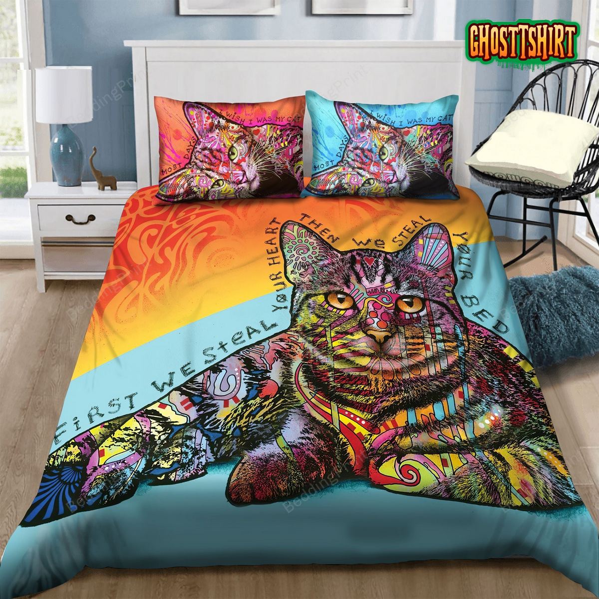 3D Cat First We Steal Your Heart Then We Steal Your Bed Bed Sheets Duvet Cover Bedding Set