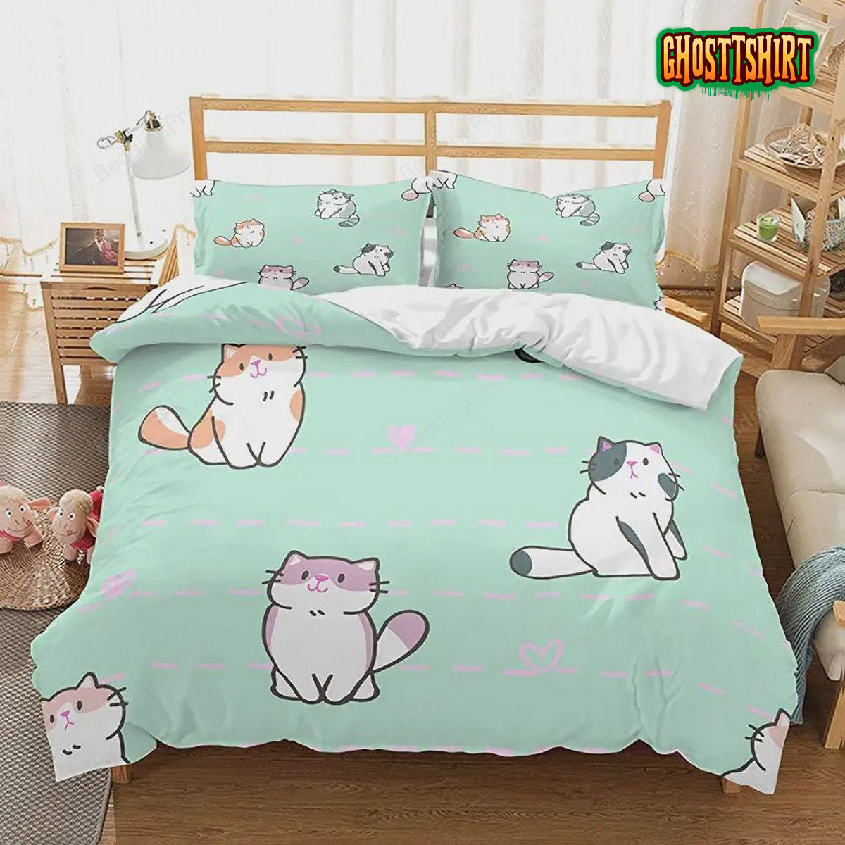 3D Kids Cats Bedding Cartoon Cats Bedspread Printed Green Duvet Cover Set