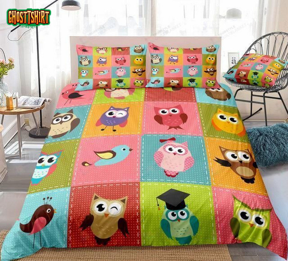 3D Kids Owl Cartoon Cotton Bed Sheets Spread Comforter Duvet Cover Bedding Set