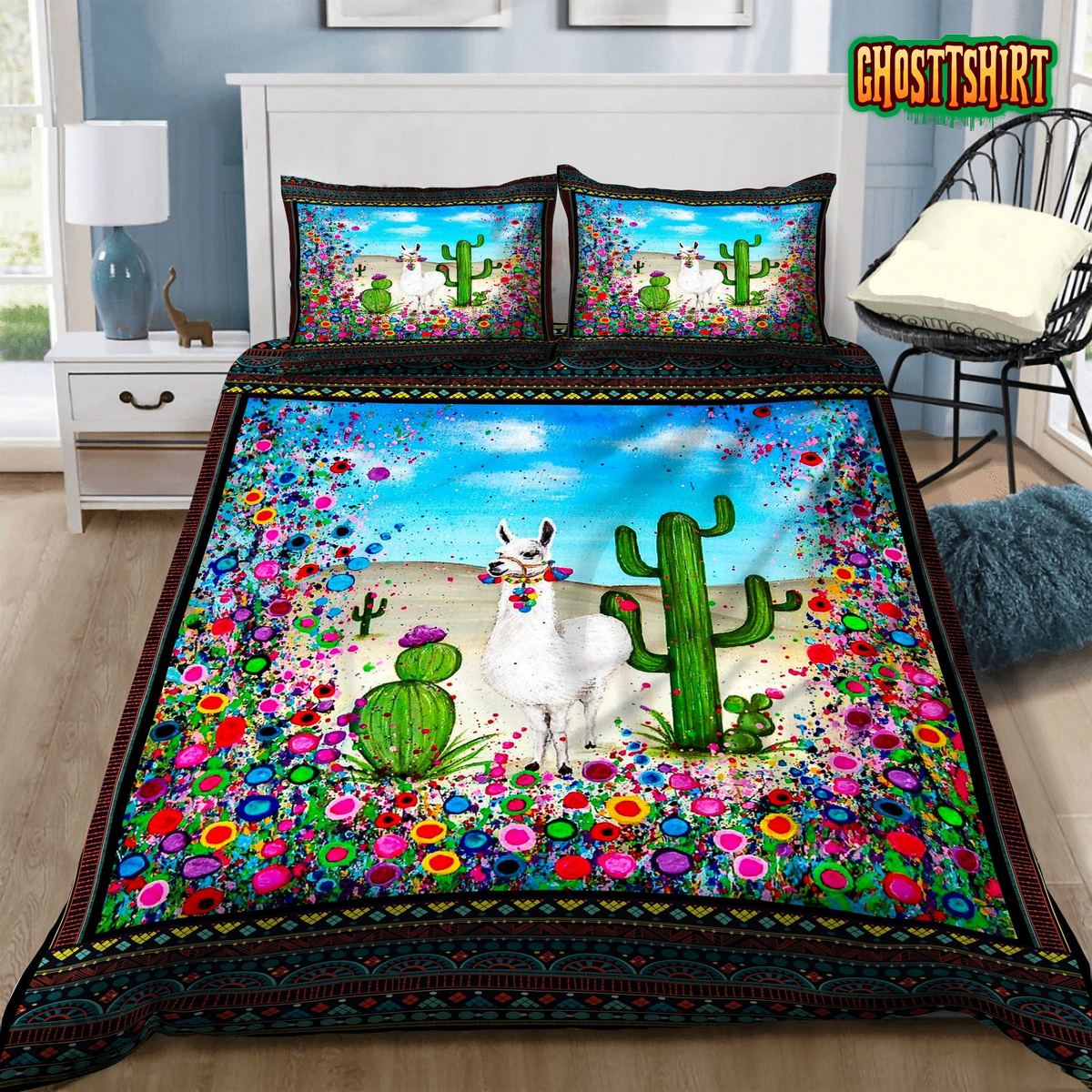 3D Llama With Cactus In The Desert Bed Sheets Duvet Cover Bedding Set