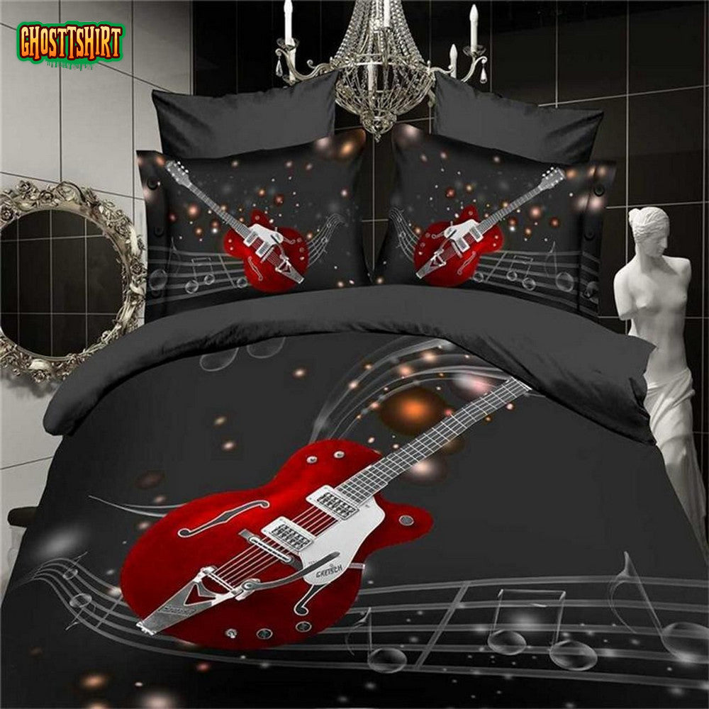 3D Music Notes BlackRed Guitar Quilt 3D Customize Bedding Set