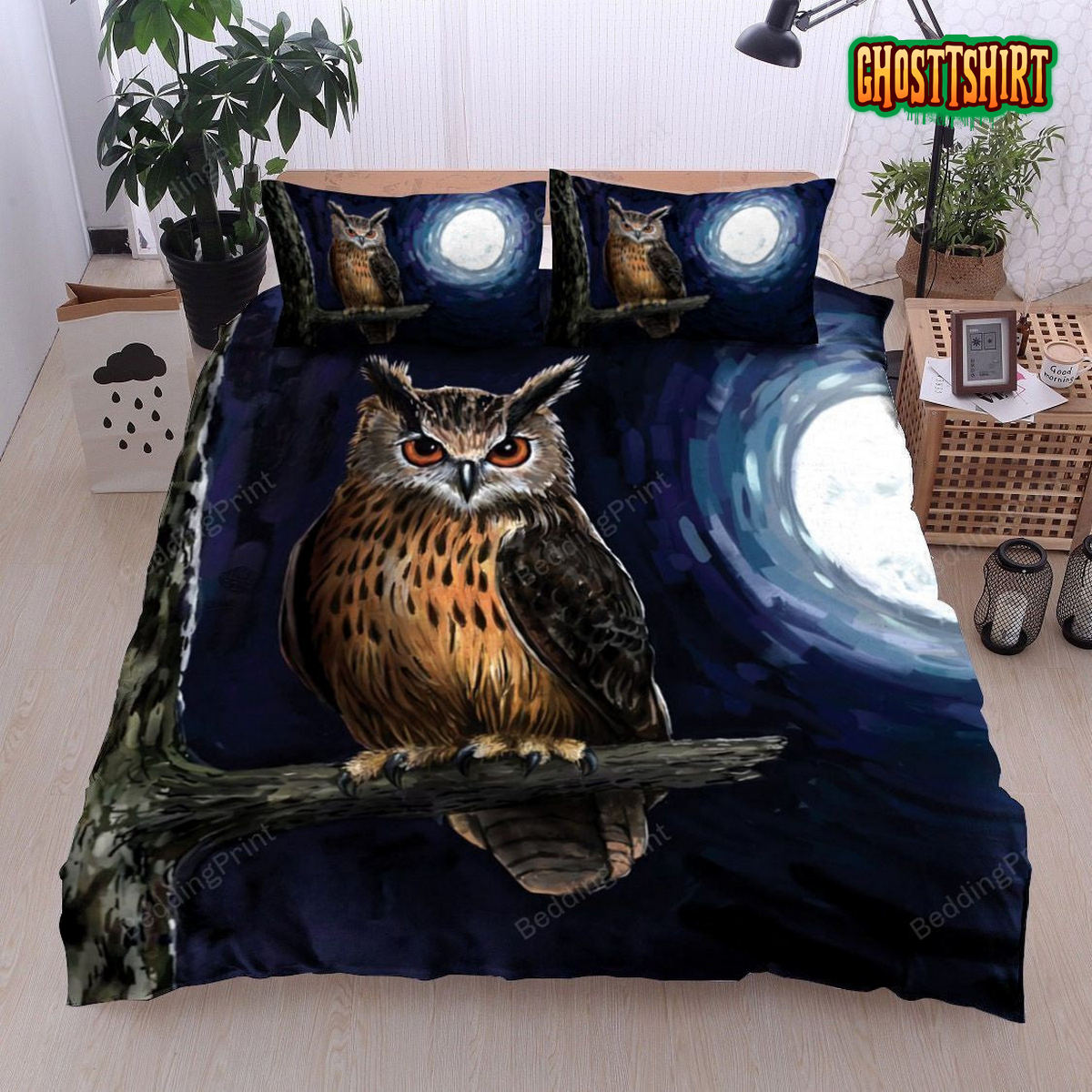 3D Owl On The Tree Branch At Night Bed Sheets Duvet Cover Bedding Set