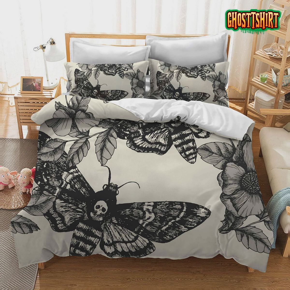 3D Printing Death Moth and Flower Cream Bed Sheets Duvet Cover Bedding Set