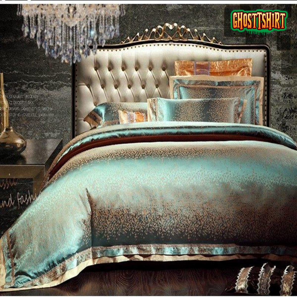 46Pcs Green Jacquard Satin Bedding Set