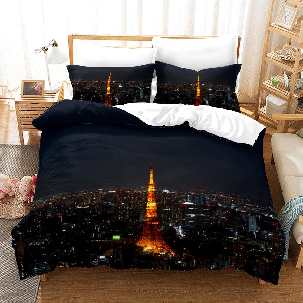 3D Black Tokyo Tower City Night Quilt Cover Set Bedding Set Pillowcases 23