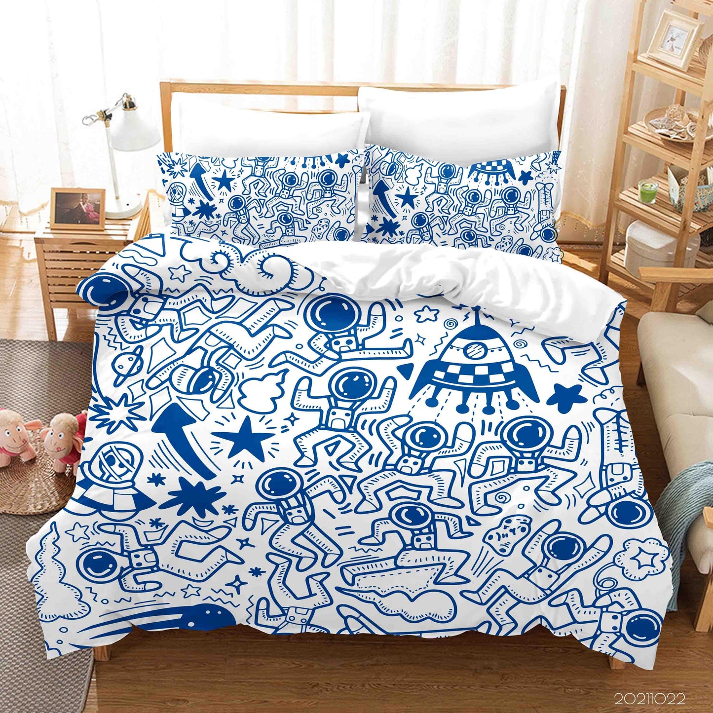 3D Blue Space Rocket Astronaut Graffiti Quilt Cover Set Bedding Set Duvet Cover Pillowcases 4