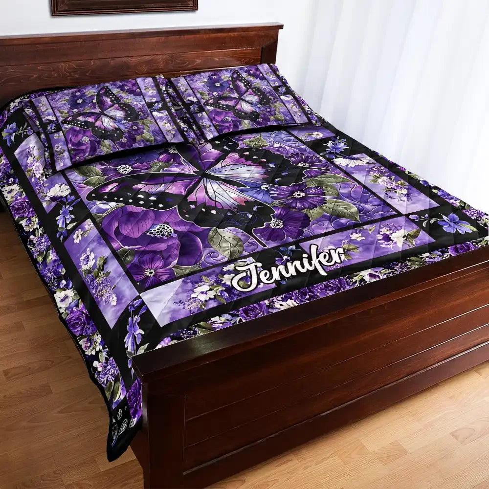 Gorgeous Purple Butterfly Flowers Personalized Name Quilt Bedding Set