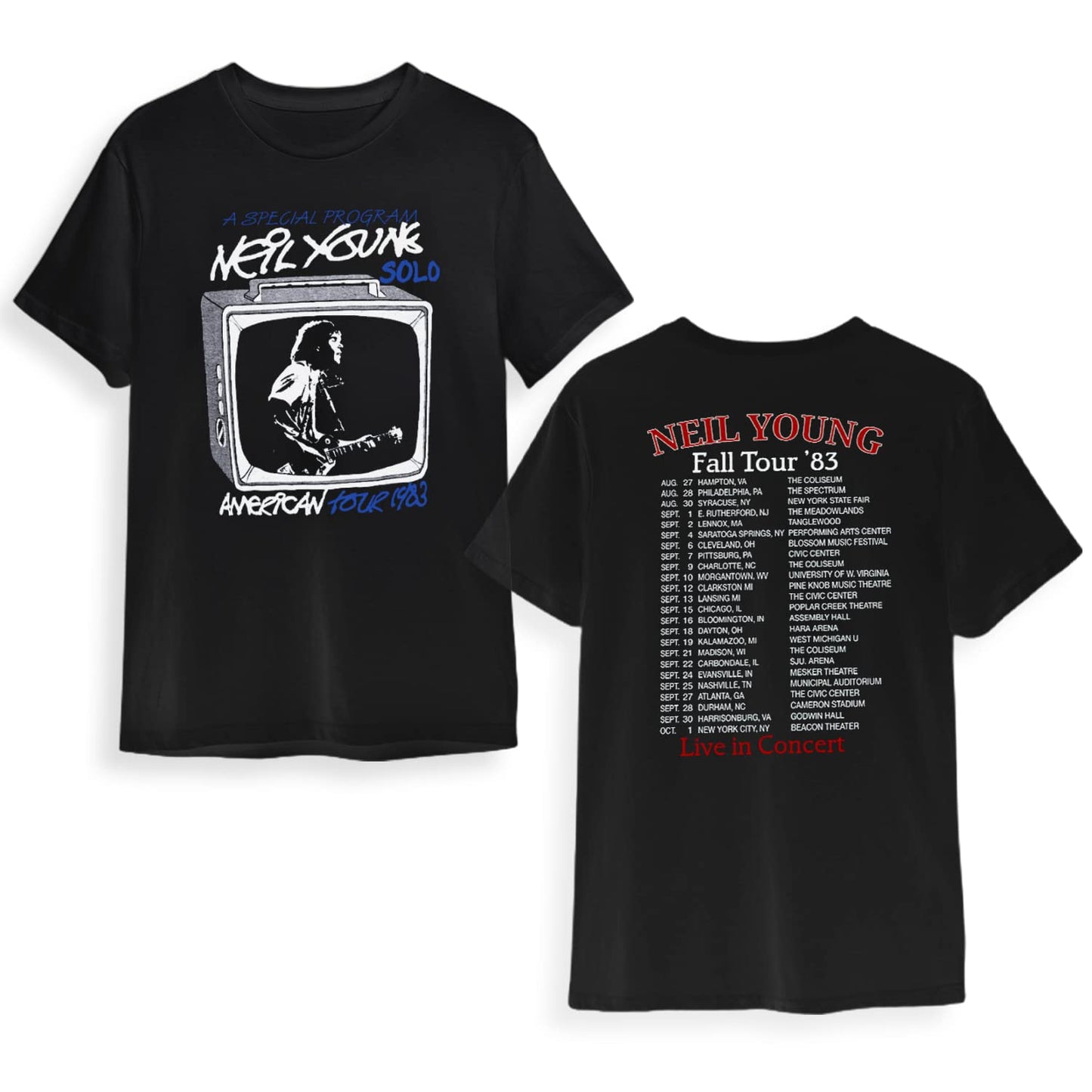 Neil Young FAll Tour '83 Live in Co^ncert T-Shirt, Neil Young Tour Double Sides 1983 T-Shirt
