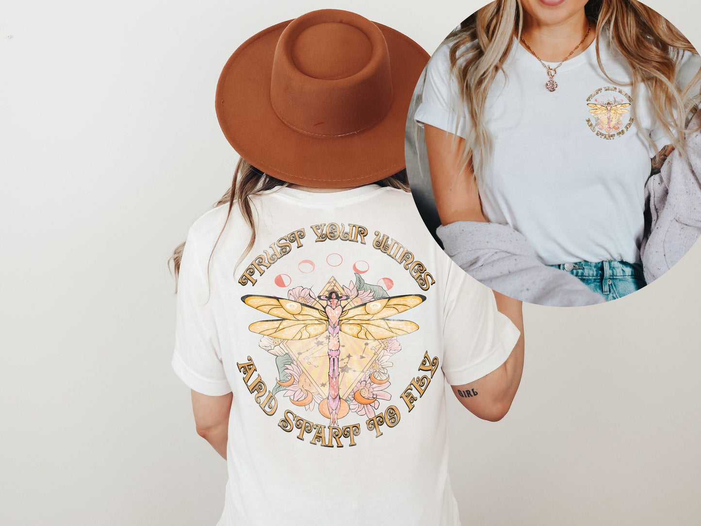 Trust Your Wings Dragonfly Front Pocket | Front and Back Two Sided Oversized Shirt | Mystical Trendy Boho TShirt | Hippie Tee 3001