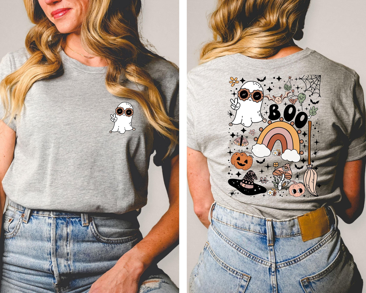 Front and Back Shirt Halloween Specter Shirt, Ghost Witch Bat Pumpkin Rainbow Shirt