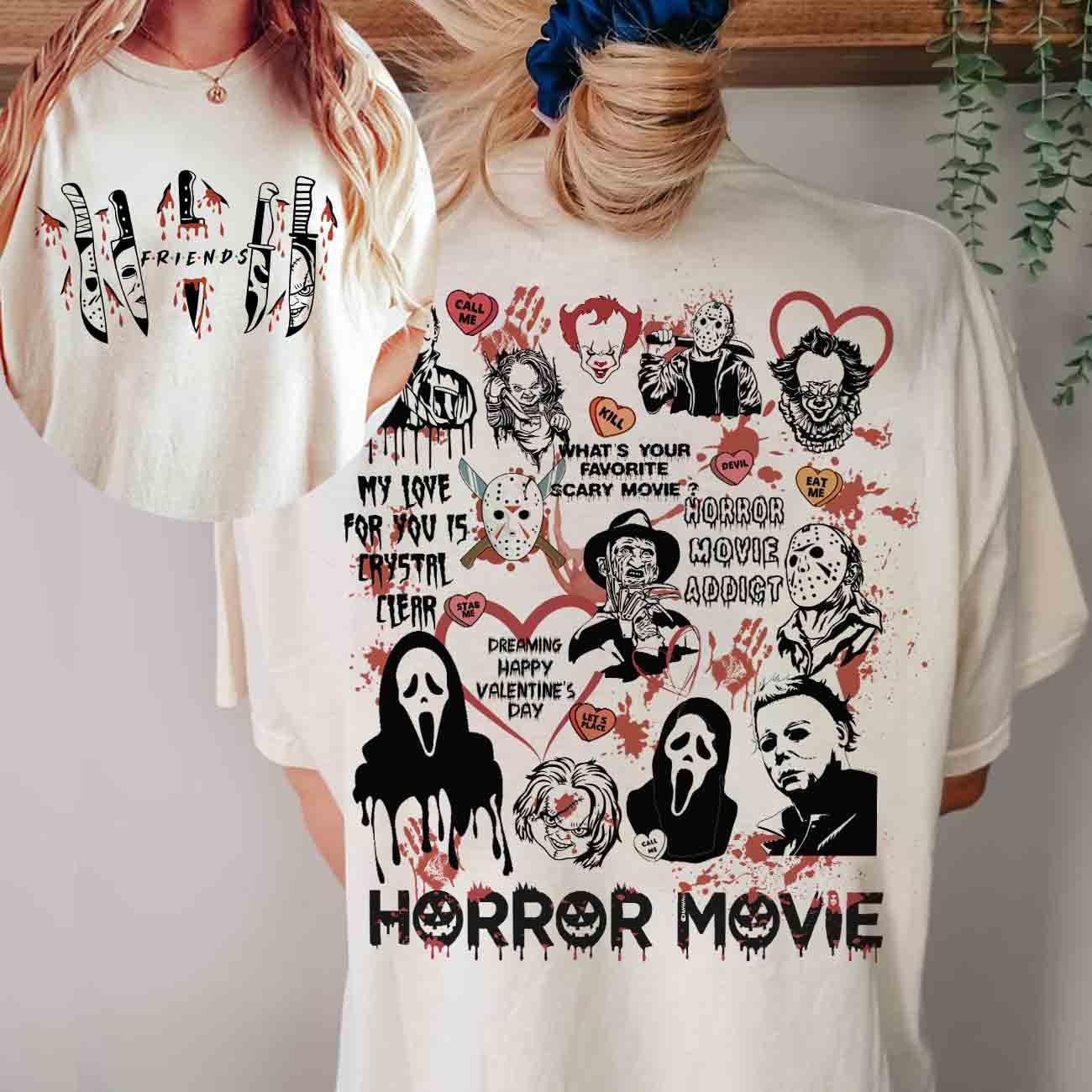 Horror Movie Friends Characters Double Sided T-Shirt, Halloween Sided T-Shirt