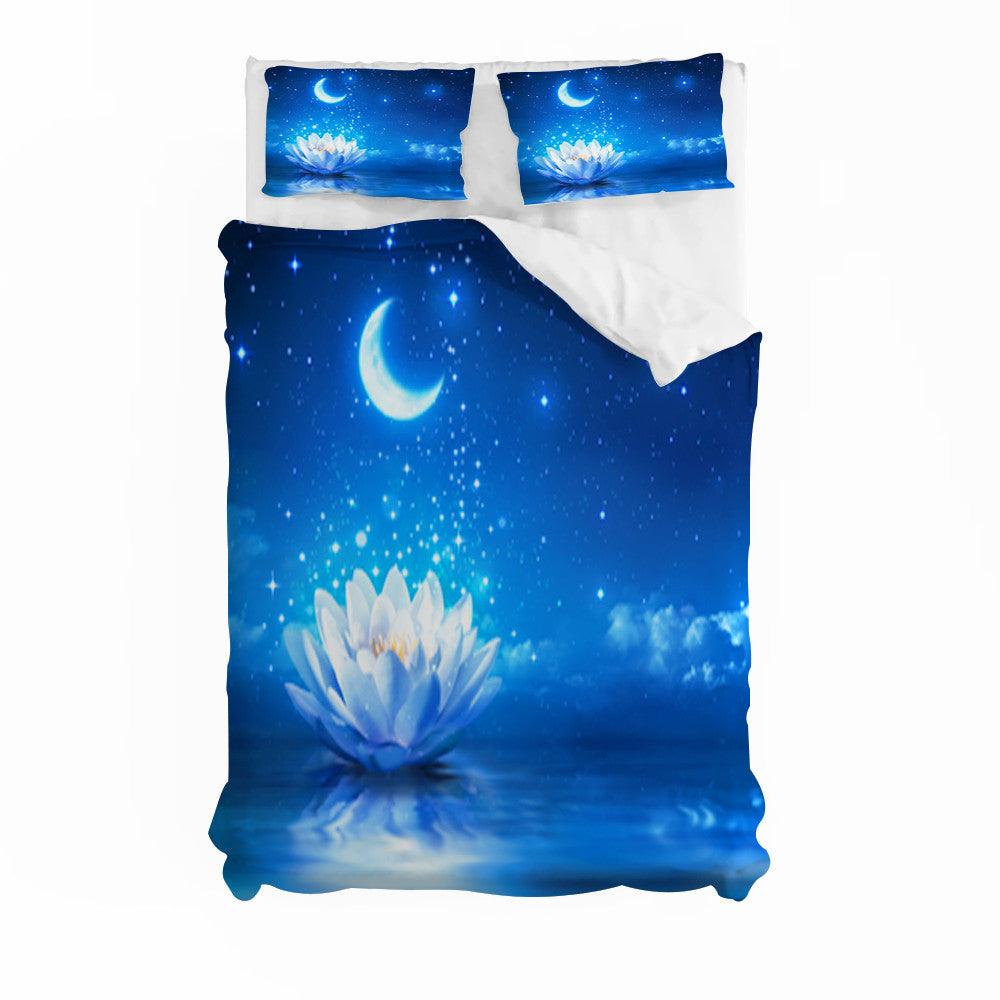 3D Blue Starry Sky Moon Lotus Quilt Cover Set Bedding Set Duvet Cover Pillowcases 172
