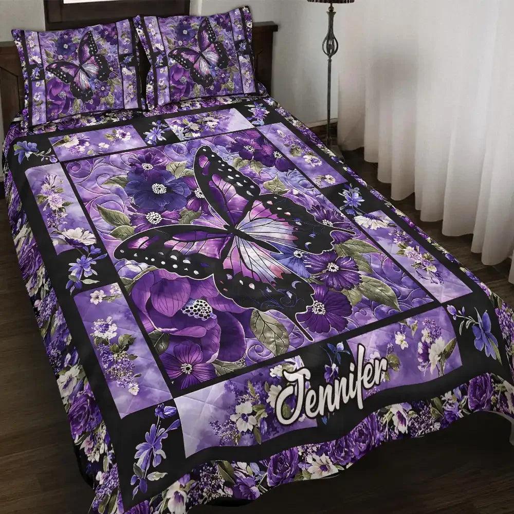 Gorgeous Purple Butterfly Flowers Personalized Name Quilt Bedding Set