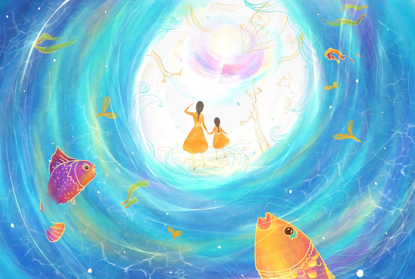 3D Blue Sea Fish Mother Daughter Quilt Cover Set Bedding Set Pillowcases 85